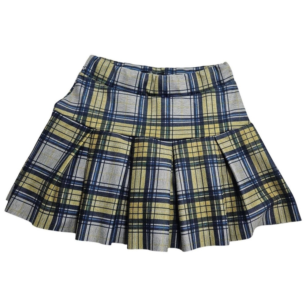 French Kiss Yellow‎ Blue Plaid Pleated Mini Skirt Womens Size Medium S1060-3